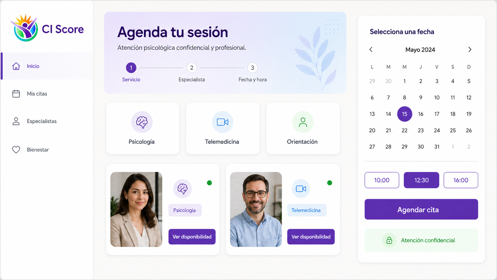Plataforma CI Score para agendar servicios de psicología y telemedicina